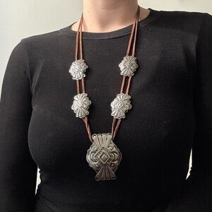 Brown suede and silver metal concho style necklace